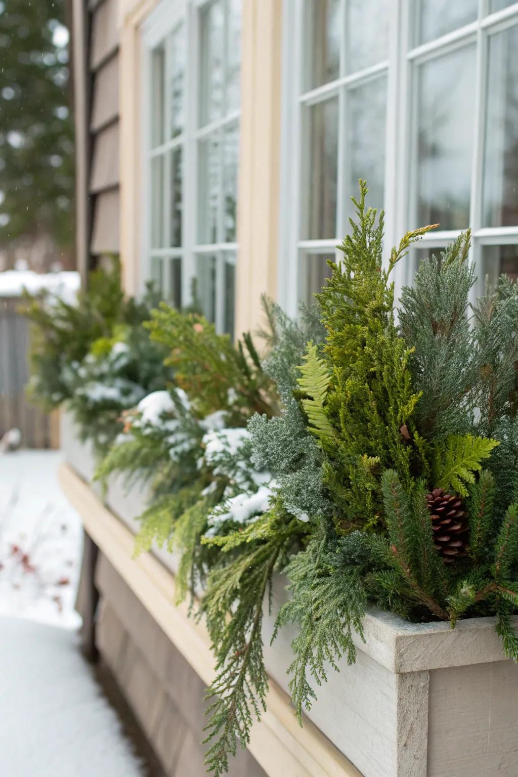 A winter window box overflowing with diverse, vibrant evergreens creates a classic and inviting scene.