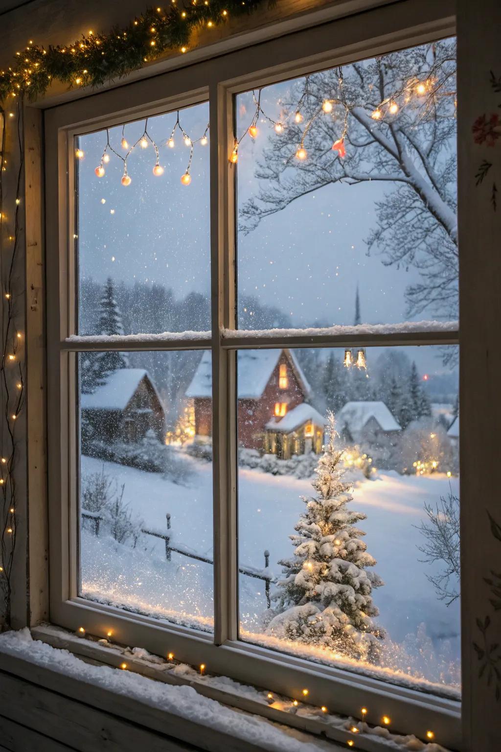 A quaint, snow-covered village brings a cozy feel to your window.