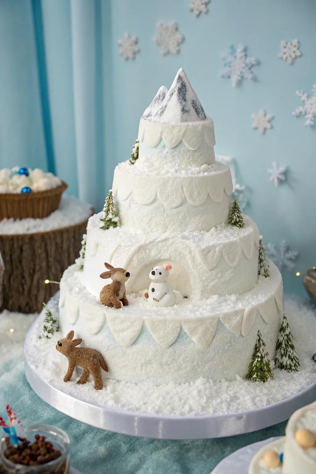 A snow-dusted peak cake featuring adorable baby animals, impeccable for a winter wonderland theme.