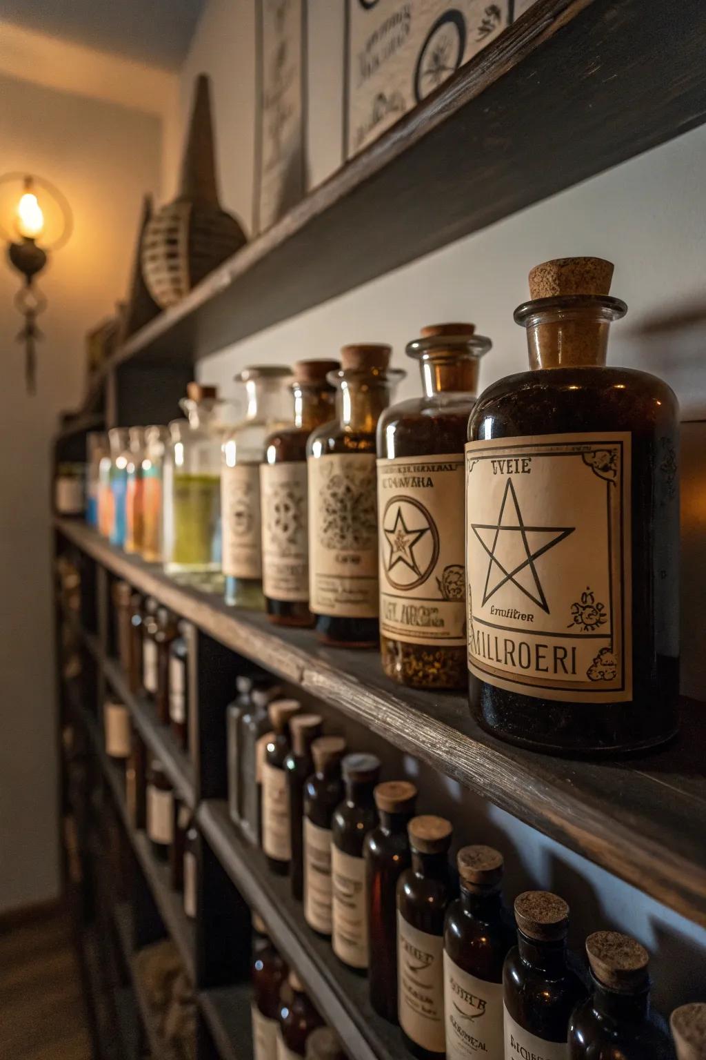 An array of elixir bottles introduces mystique to the retreat.