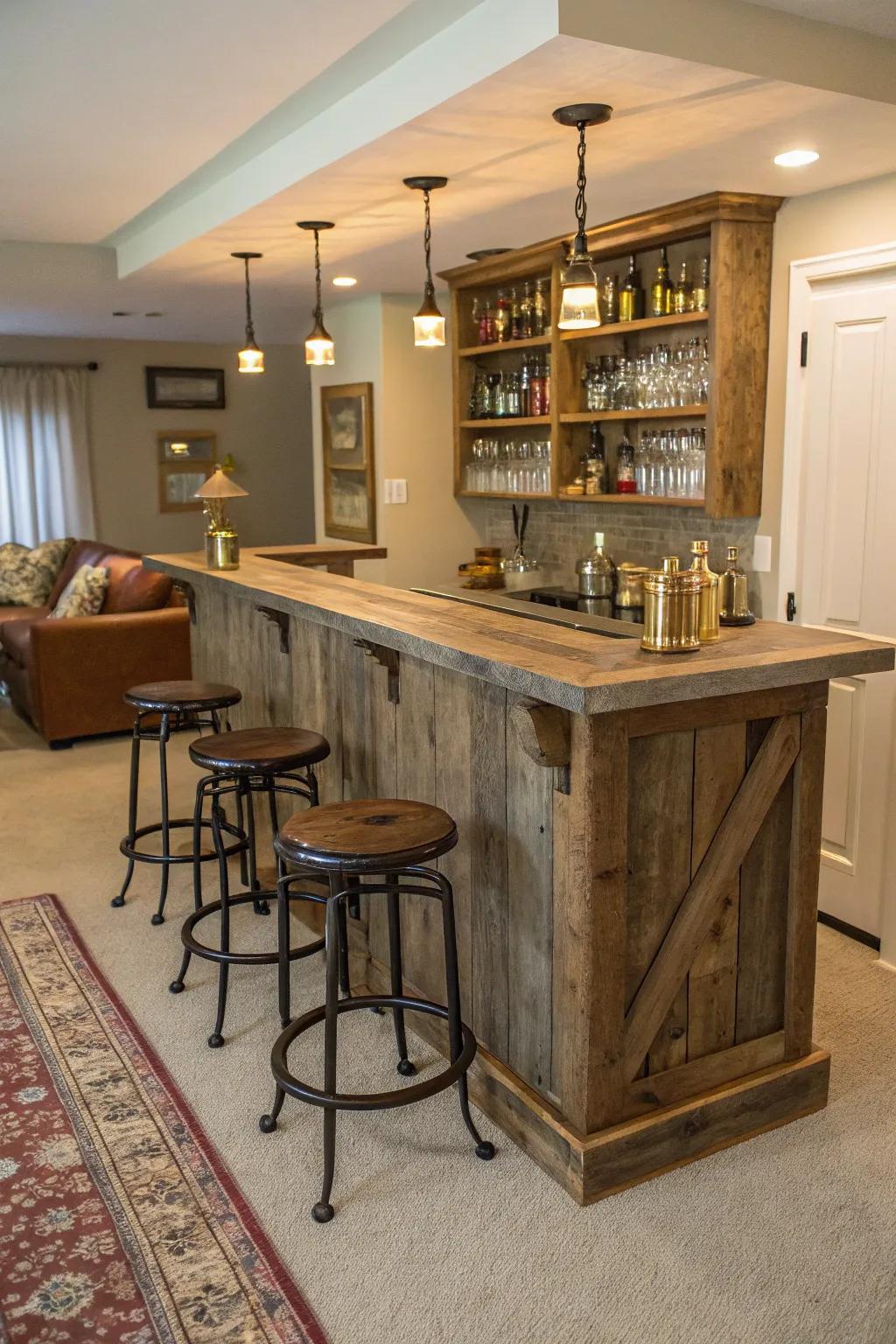 A bar made from reclaimed wood, creating a cozy and inviting atmosphere.