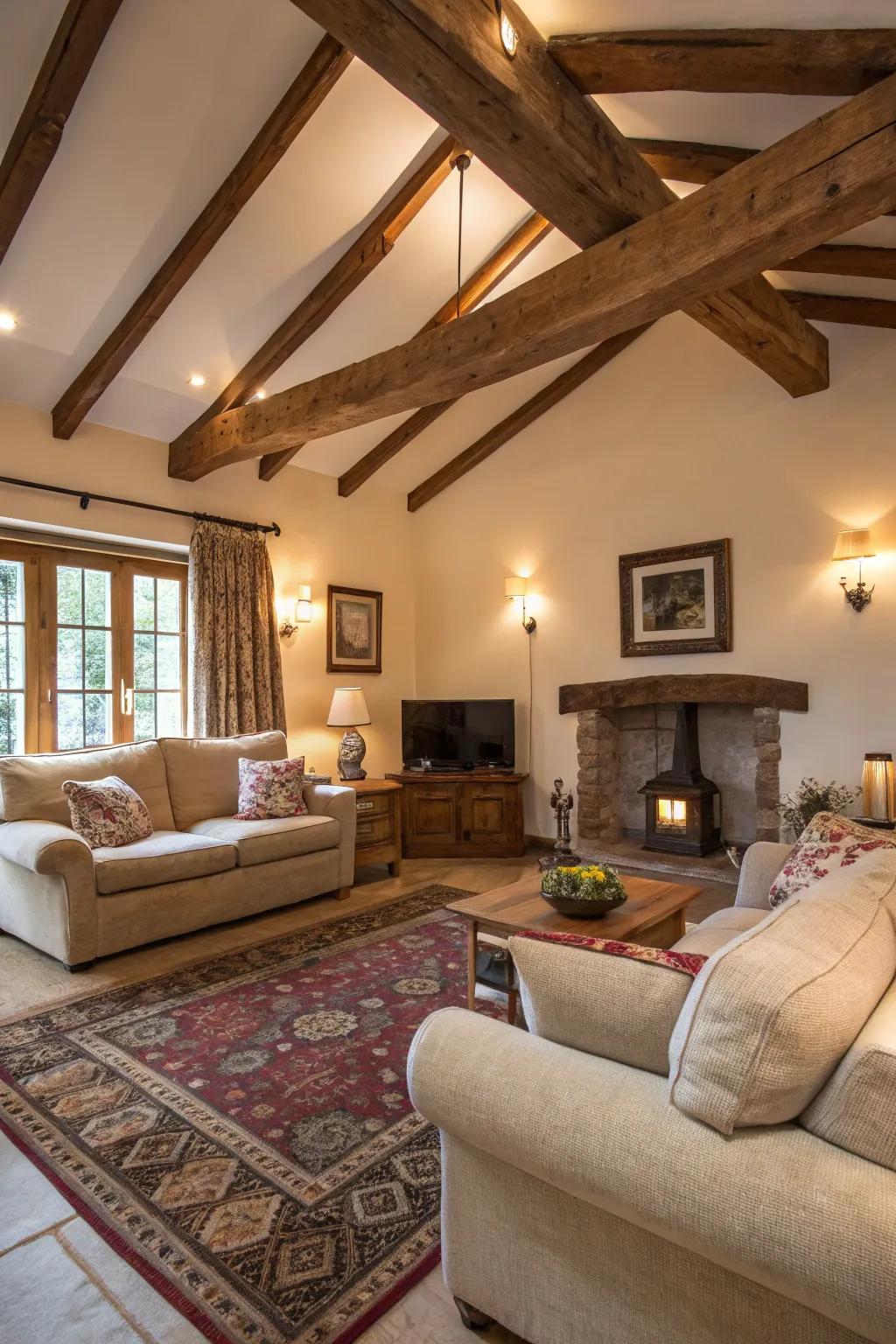 Rustic charm emanates from exposed wood beams and inviting decor.
