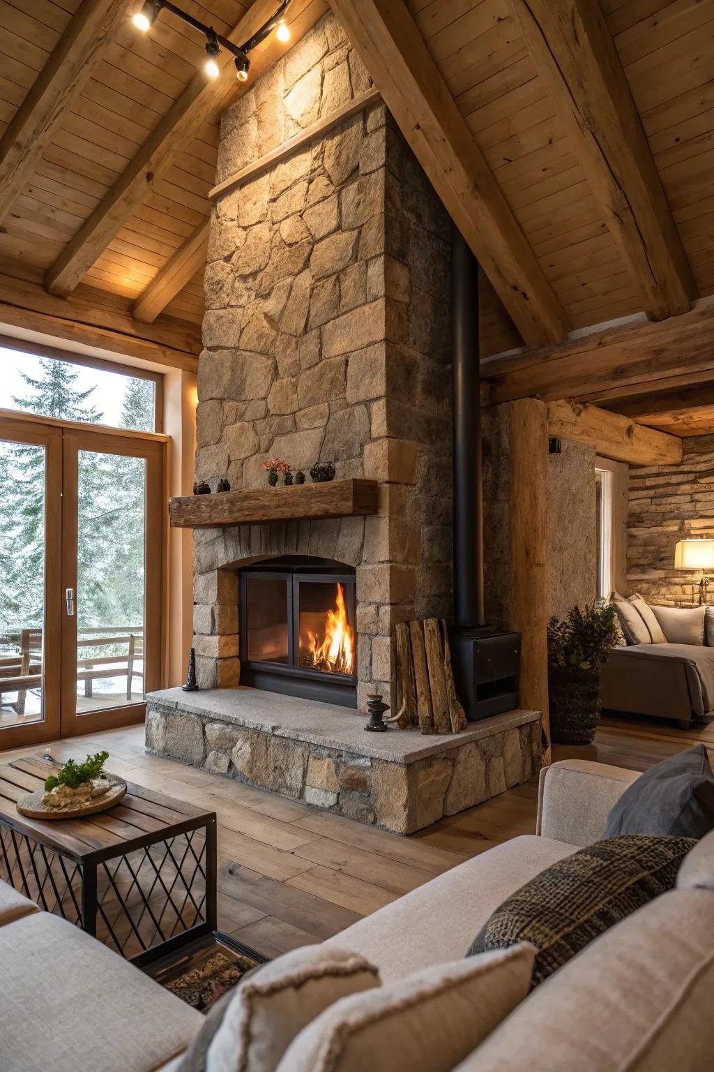 A natural stone facing evokes a warm, comforting atmosphere.