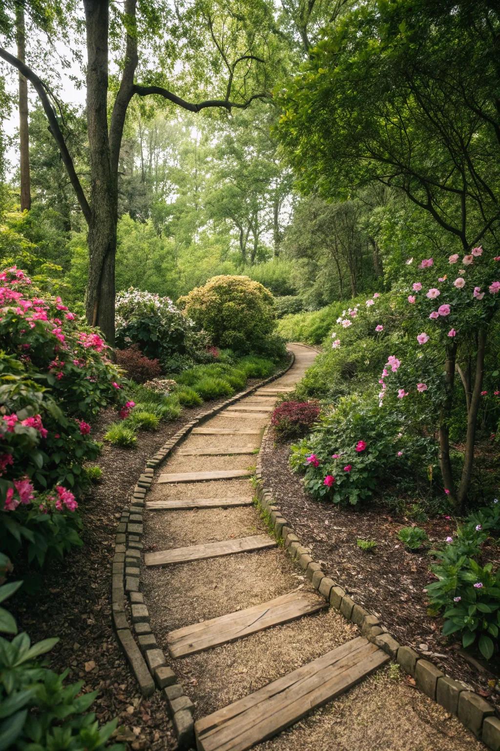 Natural bark nugget pathways encourage exploration and enhance the charm of any garden.