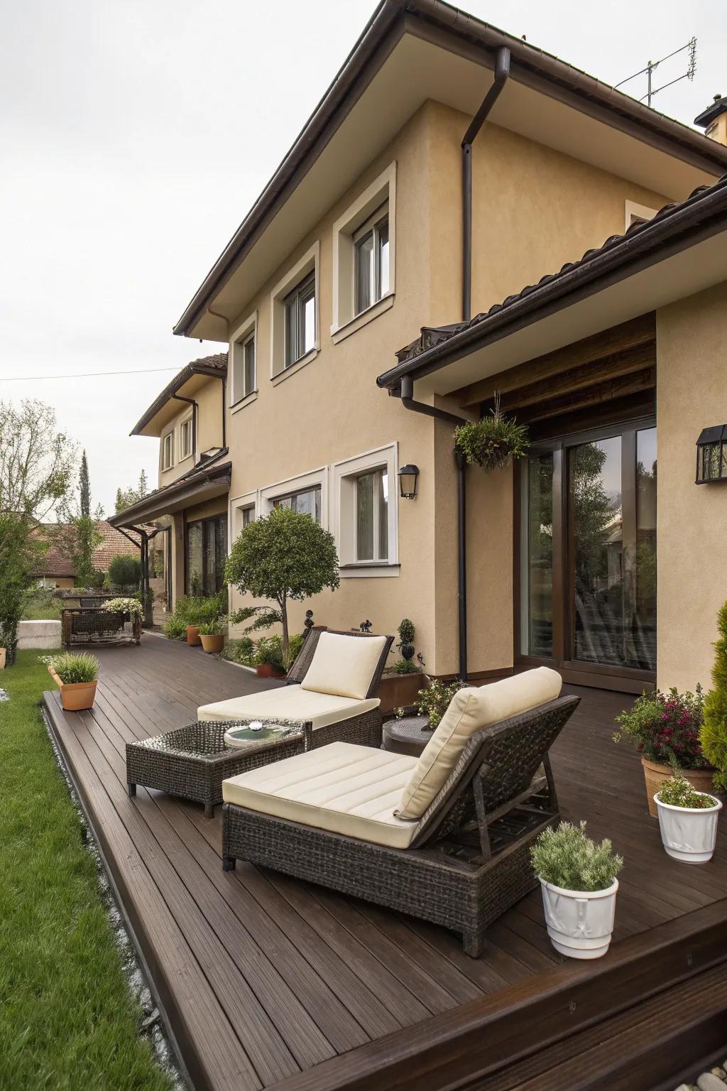 Dark brown decking gives a touch of timeless elegance to a tan house, ideal for classy outdoor get-togethers.