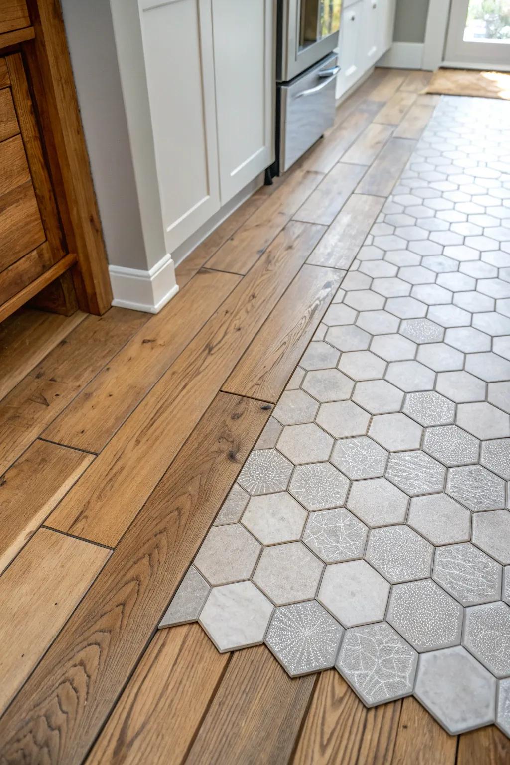 A kitchen area showcasing an artistic shift from geometric floor coverings to hardwood planks.
