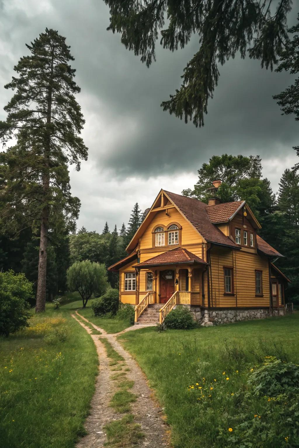 A wood home painted in soothing earthy tones, fostering an inviting and cozy atmosphere.