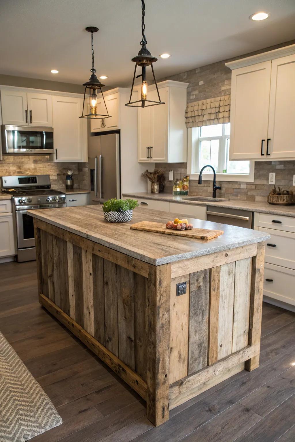 A character-rich island made from upcycled wood, infusing a modern kitchen with warmth and history.