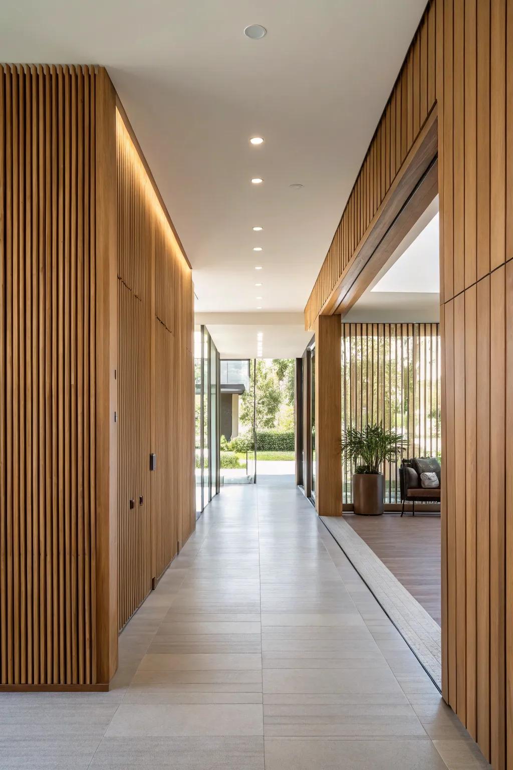 Vertical wood panels give the impression of added height and space.