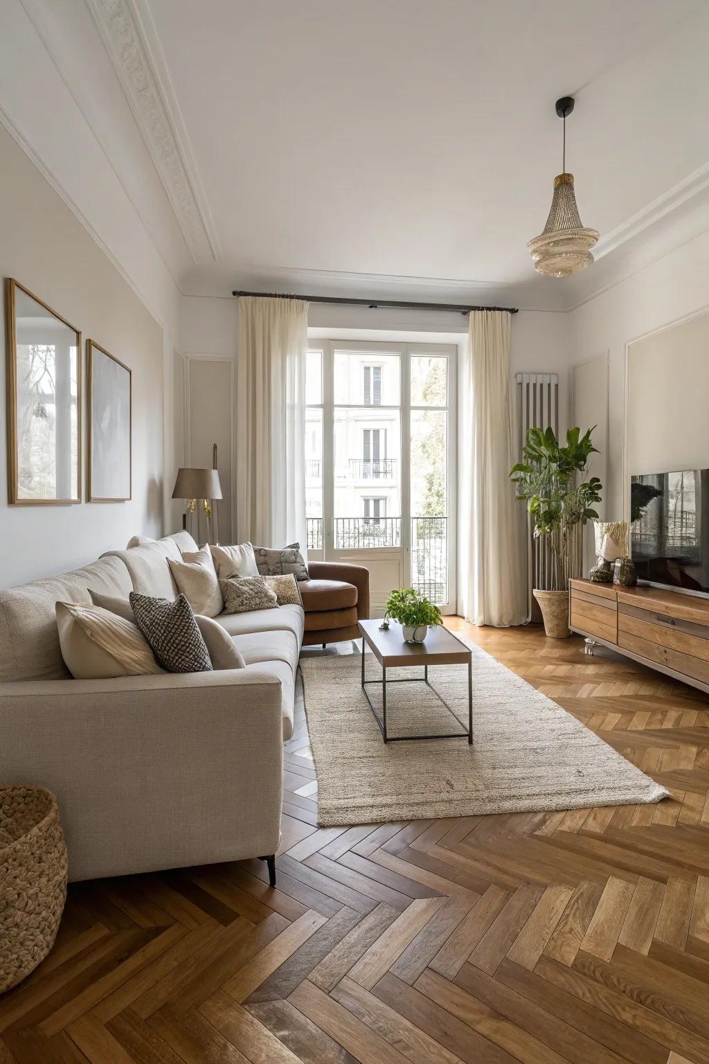 A modern living space showcasing an angled wood floor that radiates sophistication.