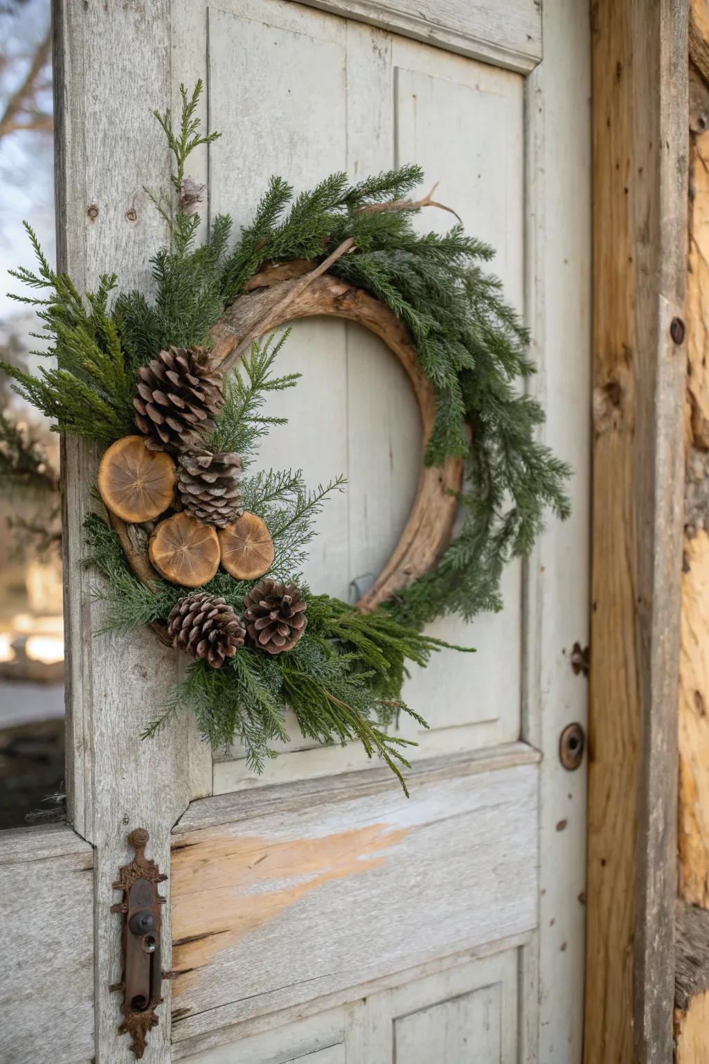 Classic evergreen and wood round wreath for timeless beauty.