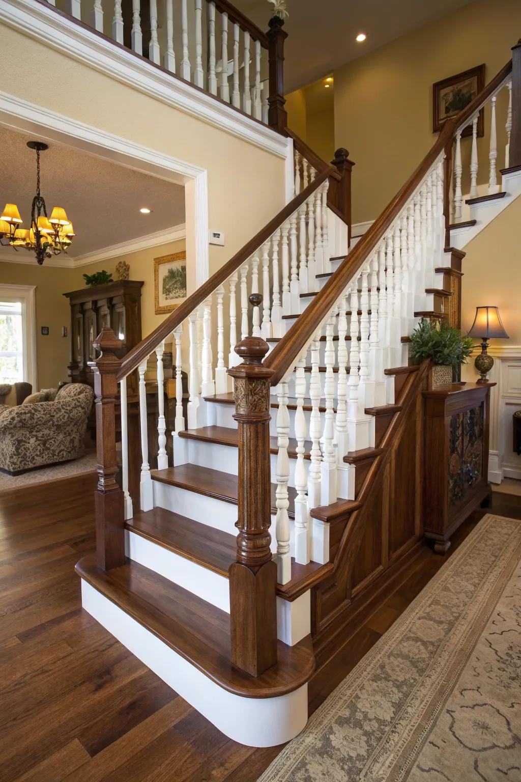 Enduring elegance: traditional wood railing with deep, rich colors.