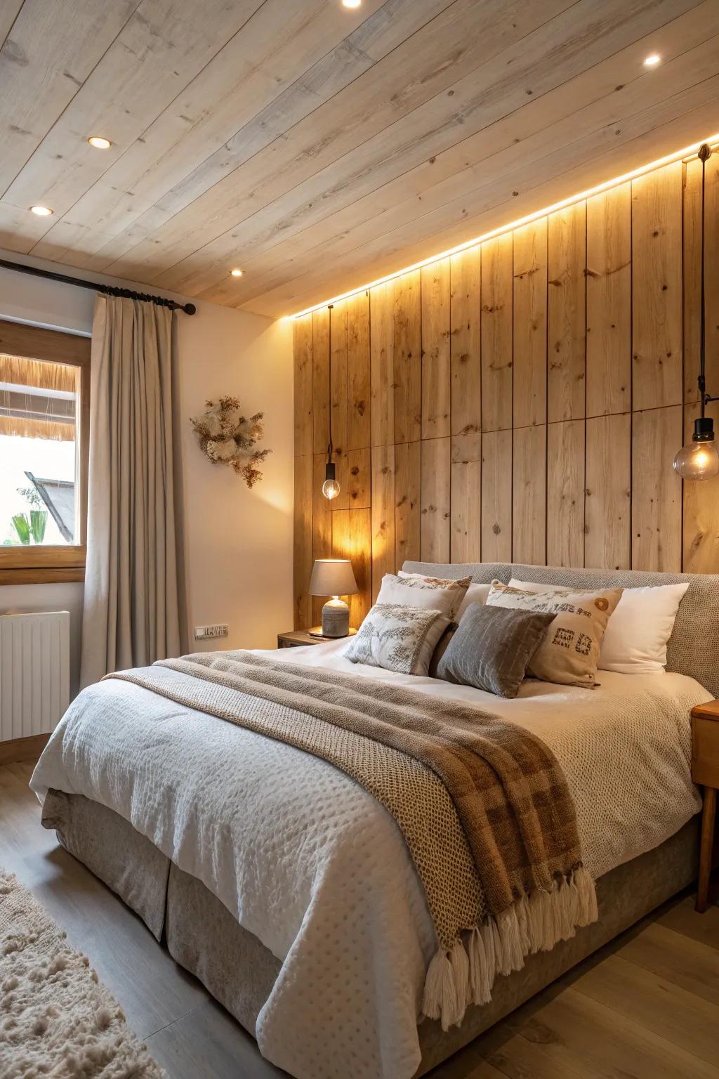 A cozy bedroom featuring a warm timber panel accent wall.
