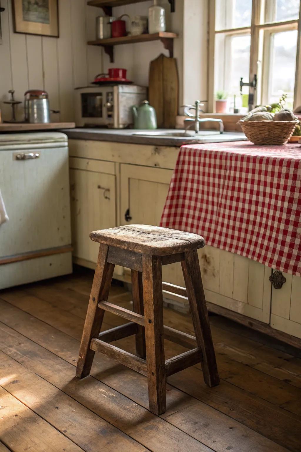 A rustic wooden stool gives your kitchen a farmhouse touch.