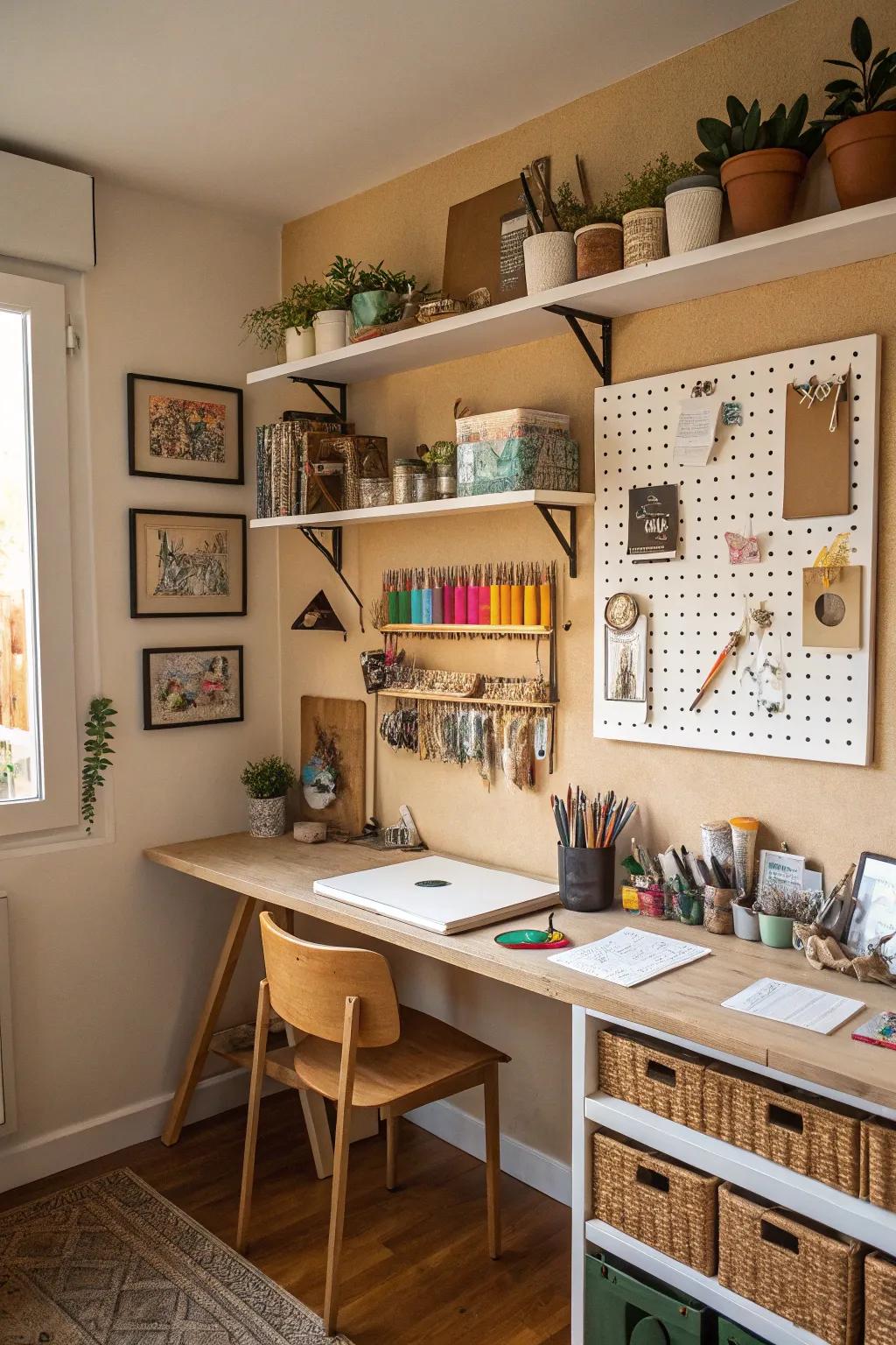 Vertical storage keeps the studio organized and clutter-free.
