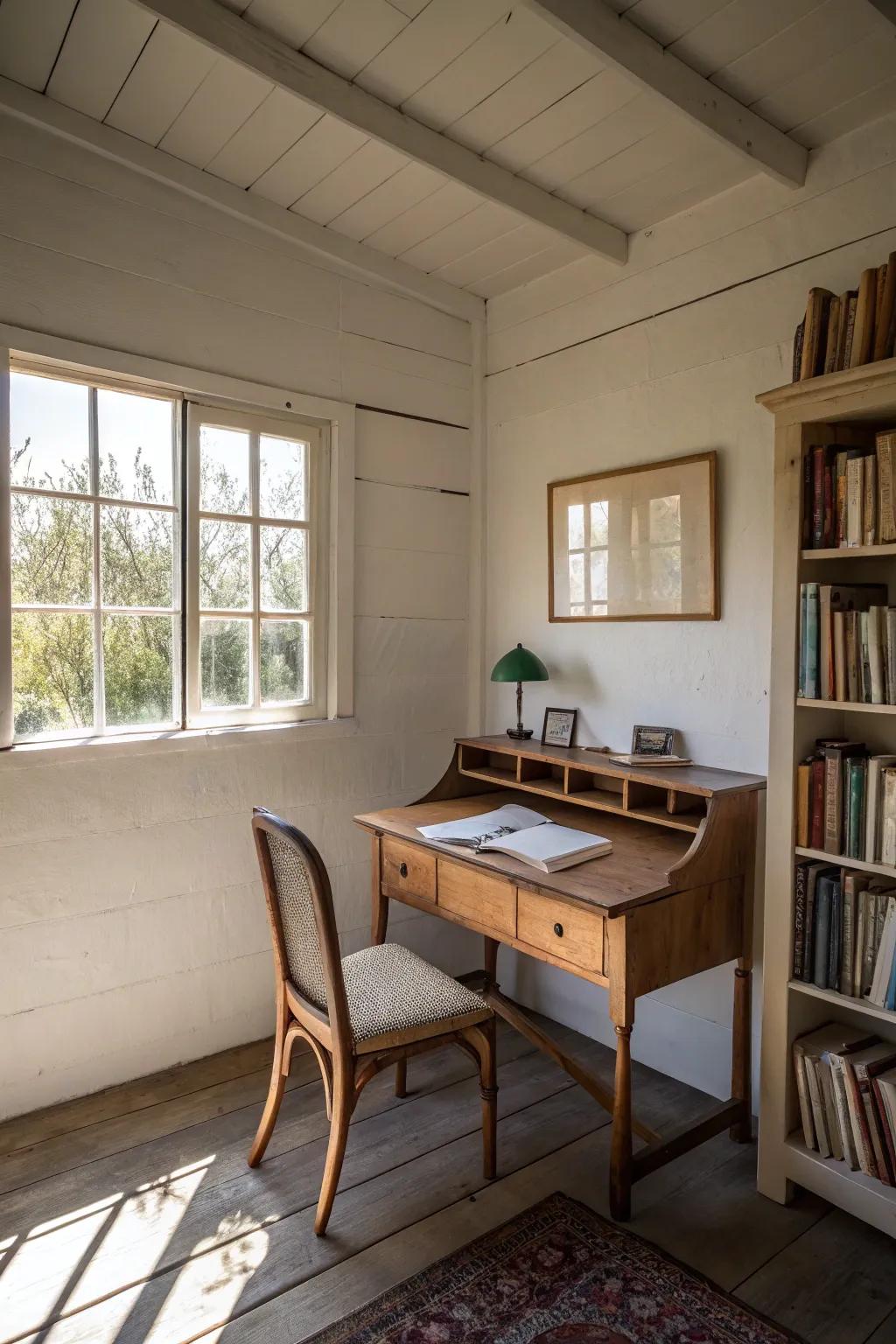 A minimalistic writing shed interior designed to promote focus and creativity.