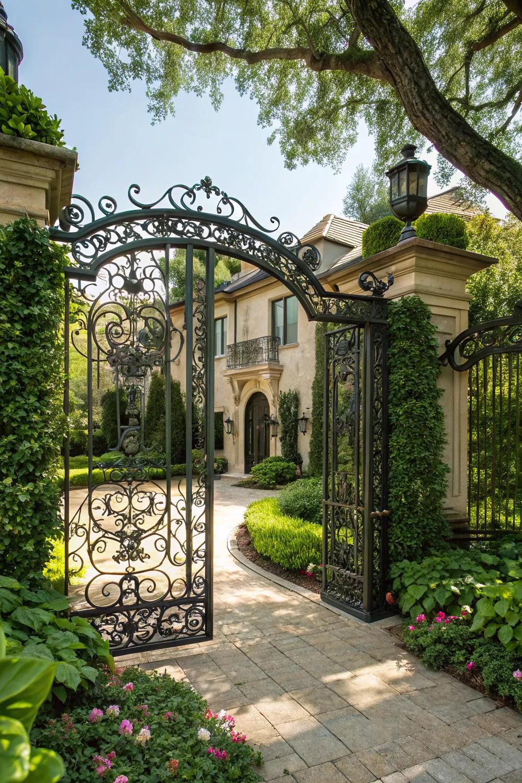 A forged metal entrance creates a grand welcome to your property.
