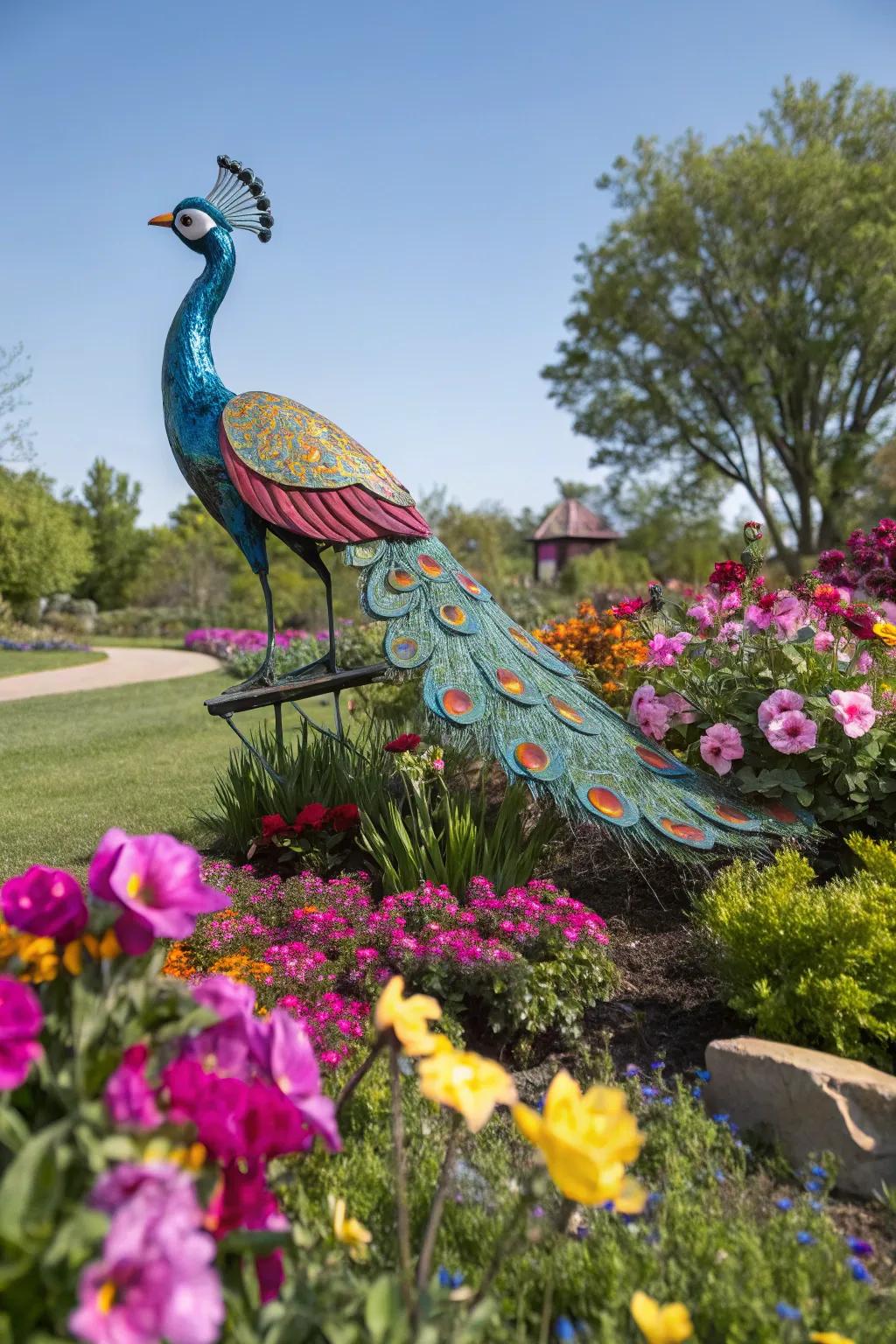 A metal falcon sculpture introduces a touch of playfulness to this vibrant garden.
