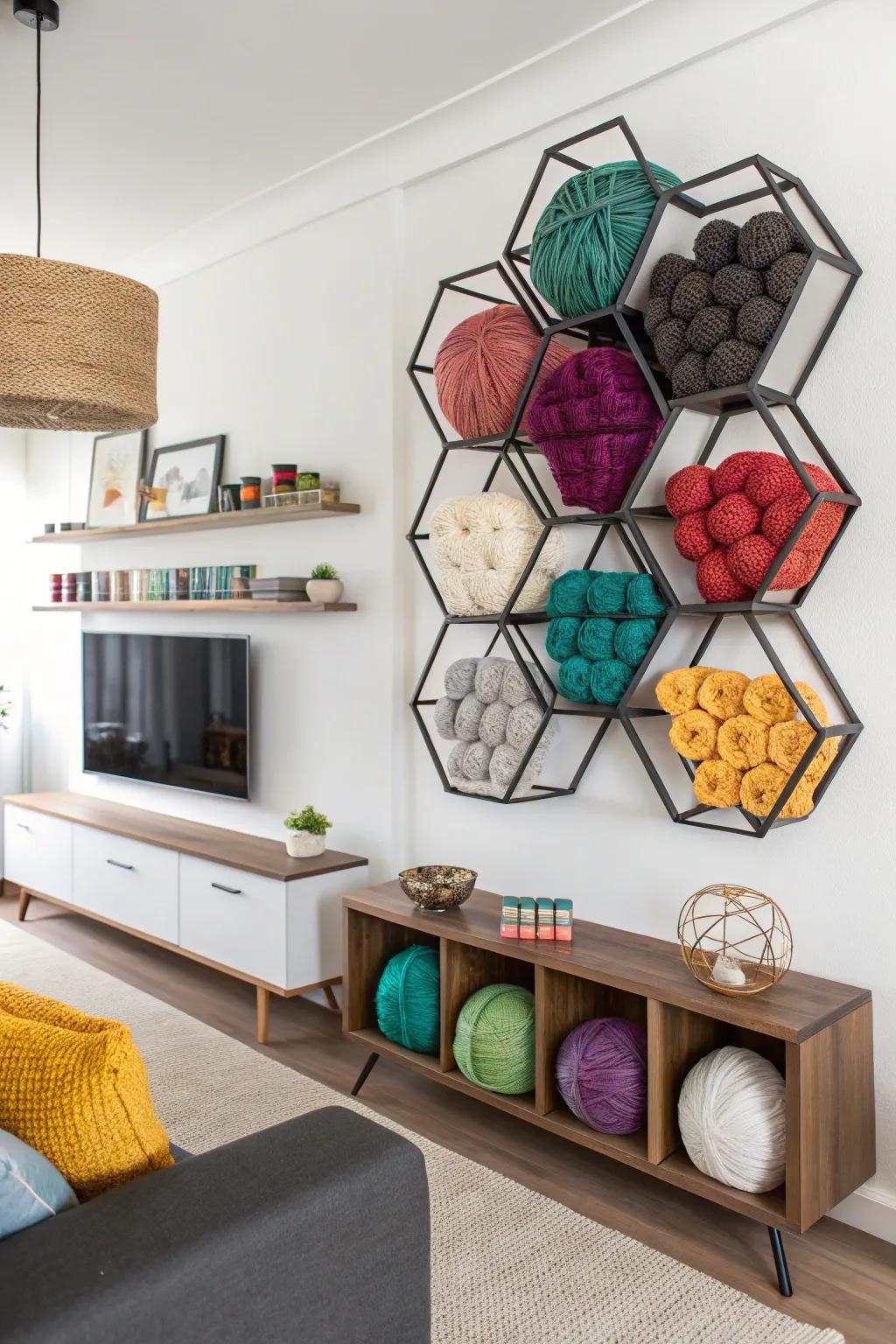Using geometric wall-mounted shelves turns yarn storage into an artistic showcase.