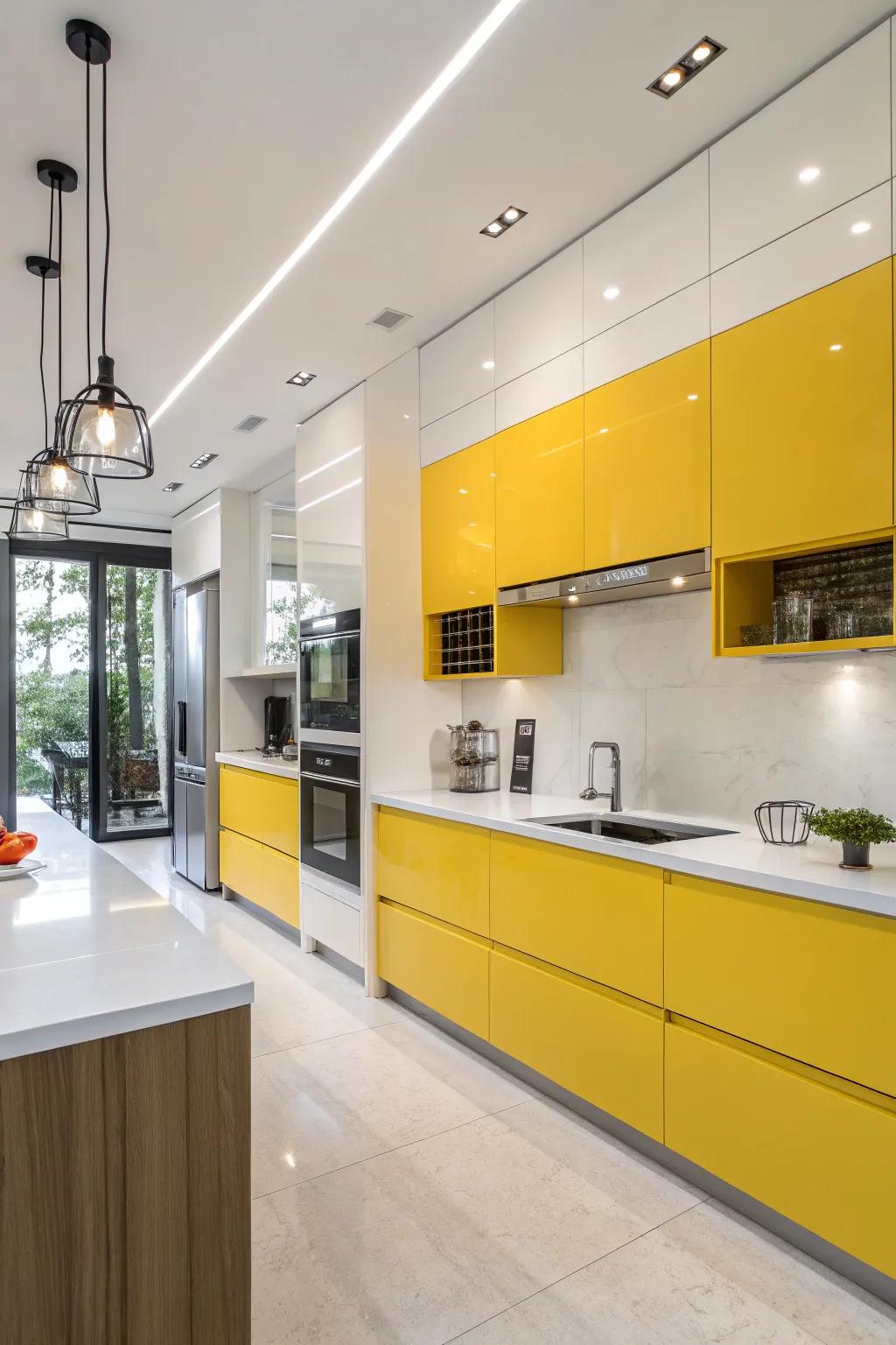 Striking yellow cabinets are a bold centerpiece in any kitchen design.