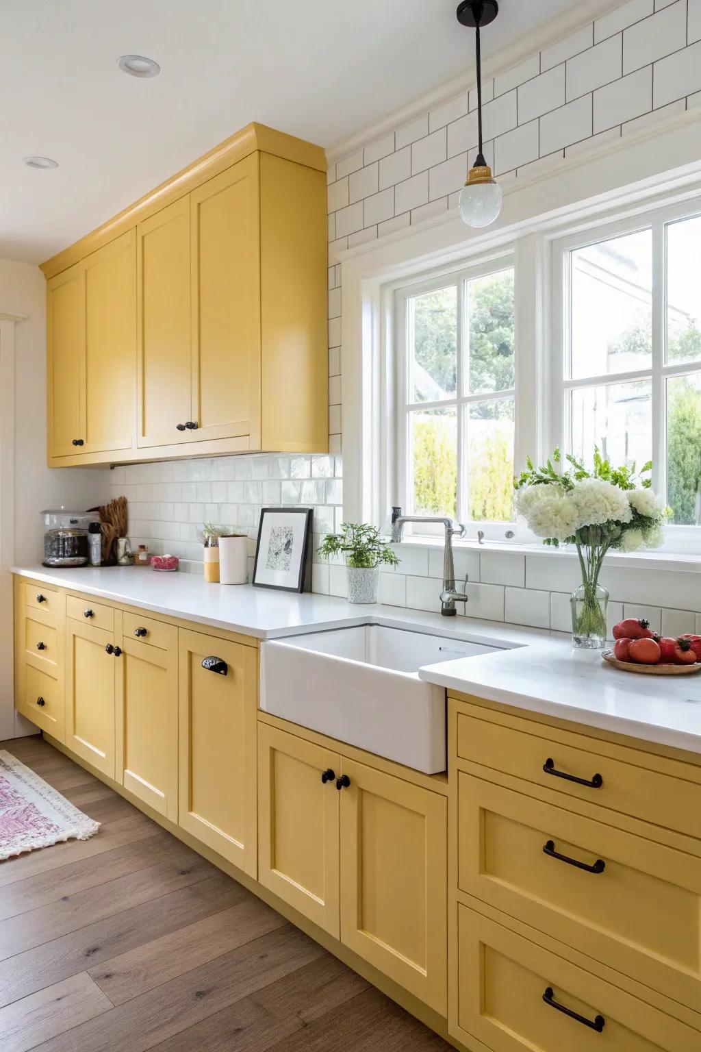 Radiant yellow cabinets infuse warmth into this modern kitchen.