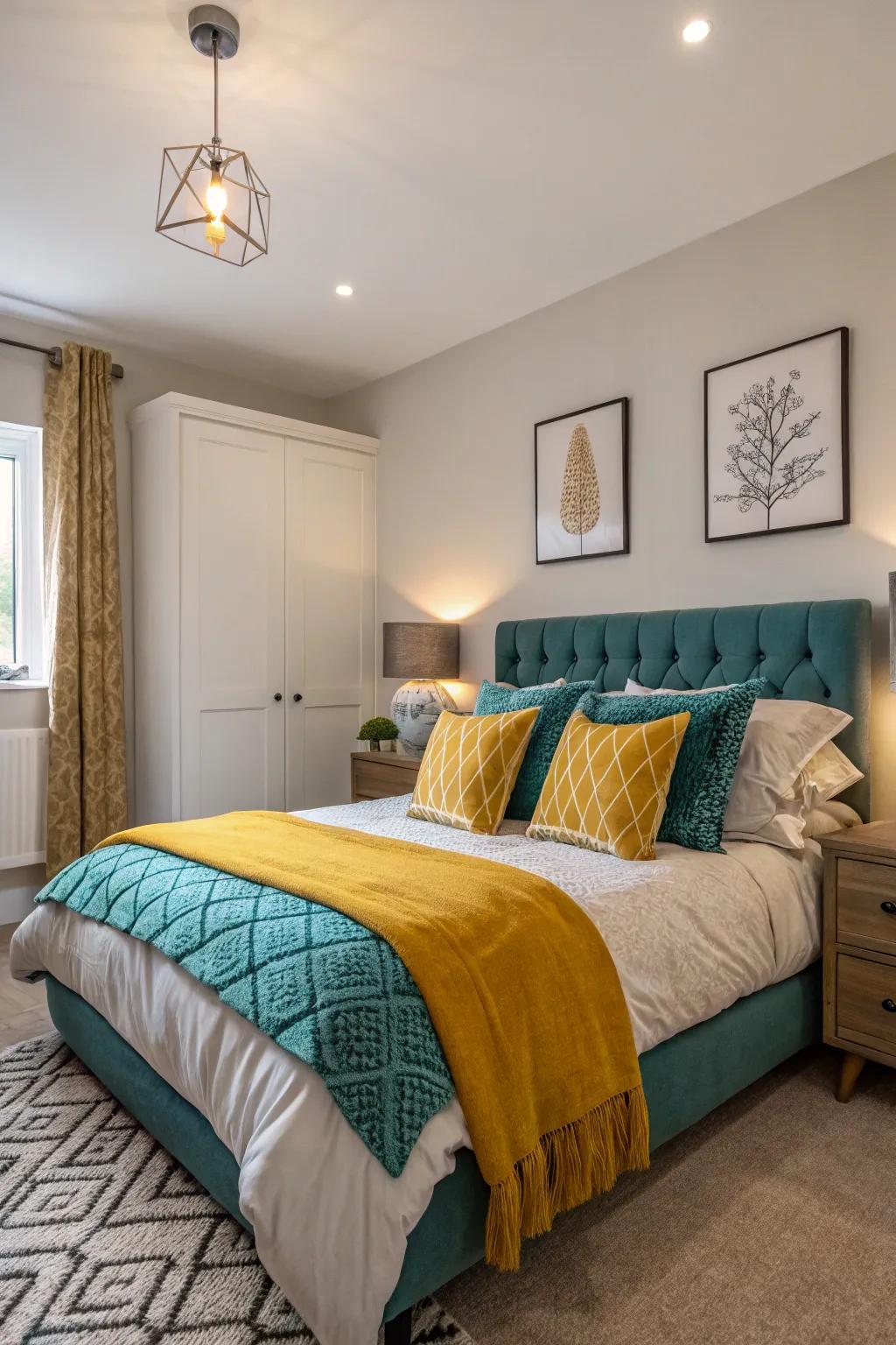 Muted tones combined with striking color pops create a vibrant yet balanced look.