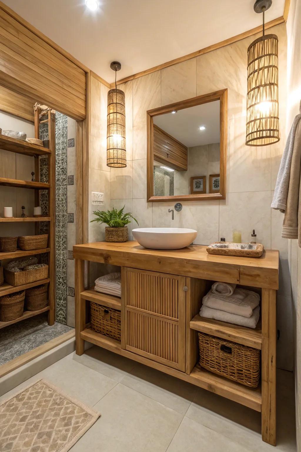 Wood features enhance the inviting and warm atmosphere of a zen bathroom.