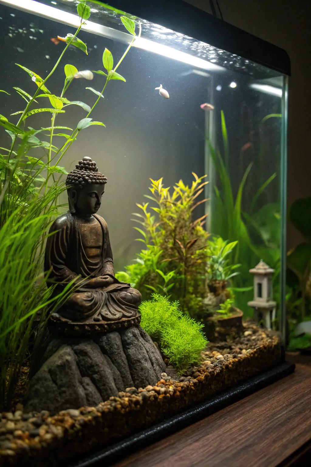 The Buddha statue gives calmness to this zen fish tank.