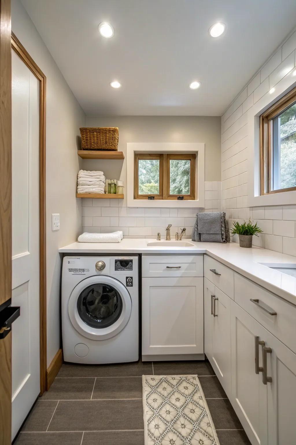 An integrated laundry area within the bathroom for a dual-purpose design.