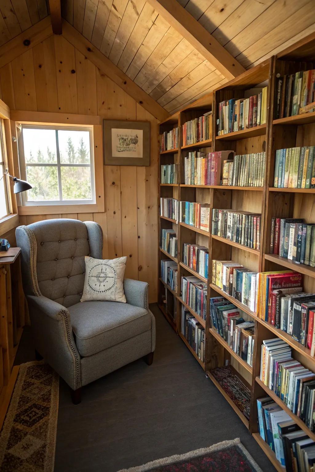A reading room filled with bookshelves and a comfy armchair.