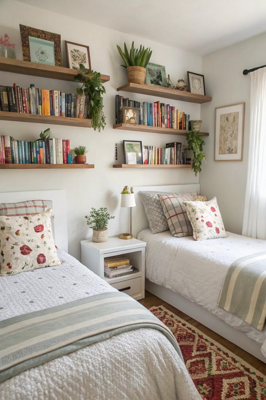 Wall shelves providing space-saving decor.