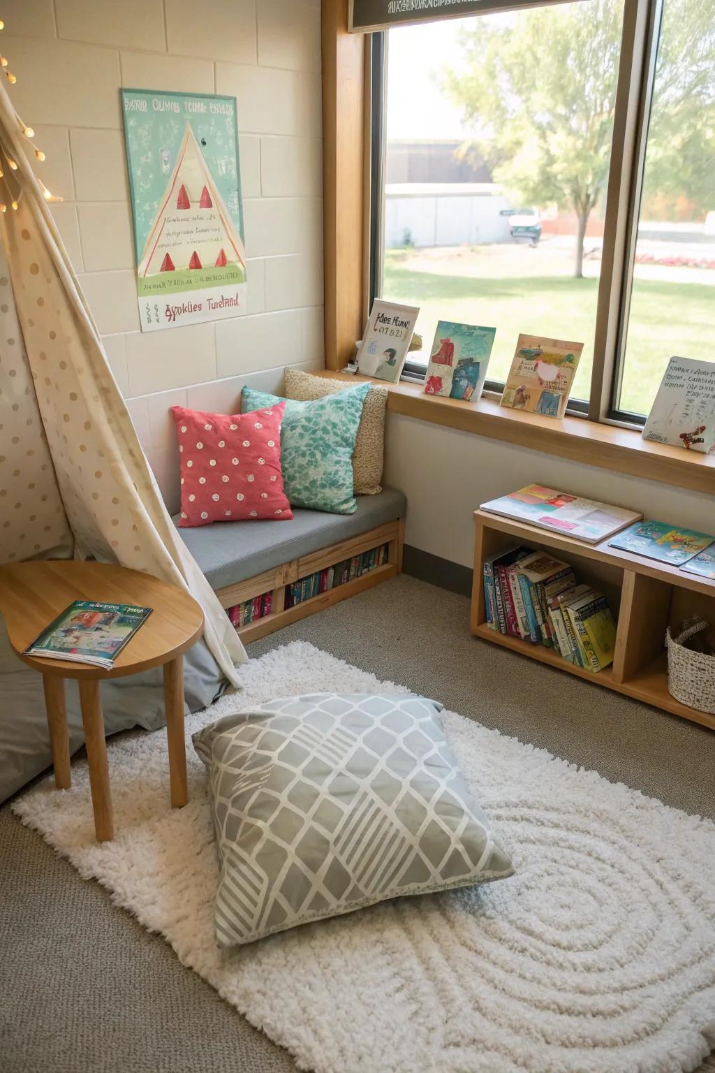 A comfy reading alcove inviting pupils to dive into books