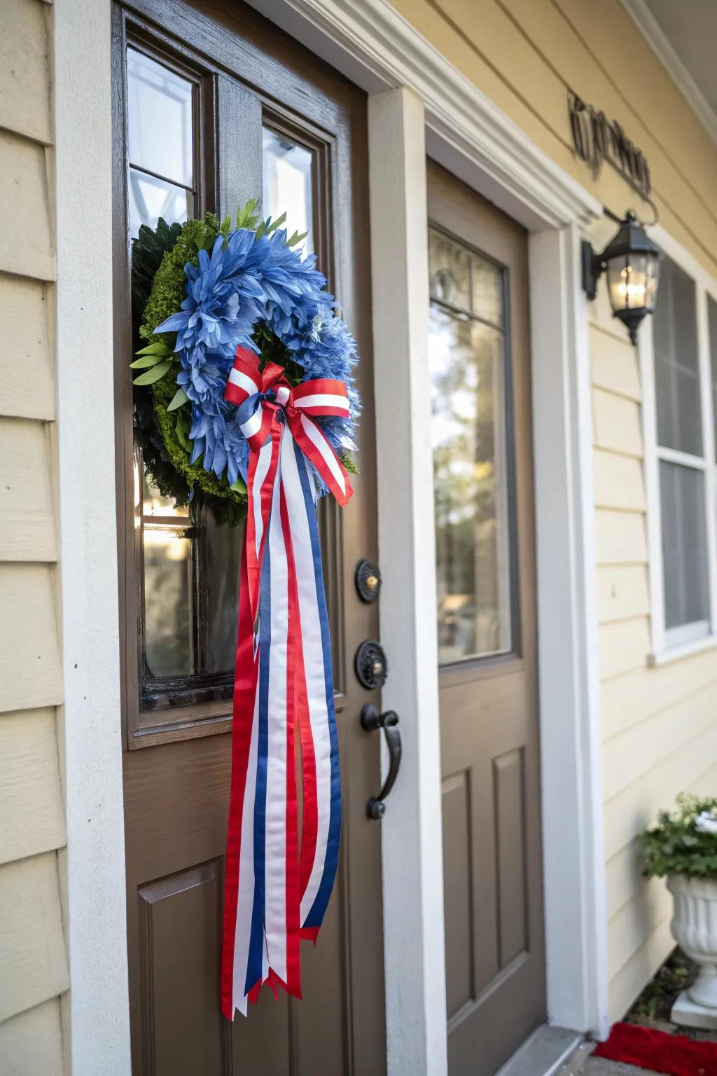 A DIY band wreath welcomes visitors with nationalistic flair.