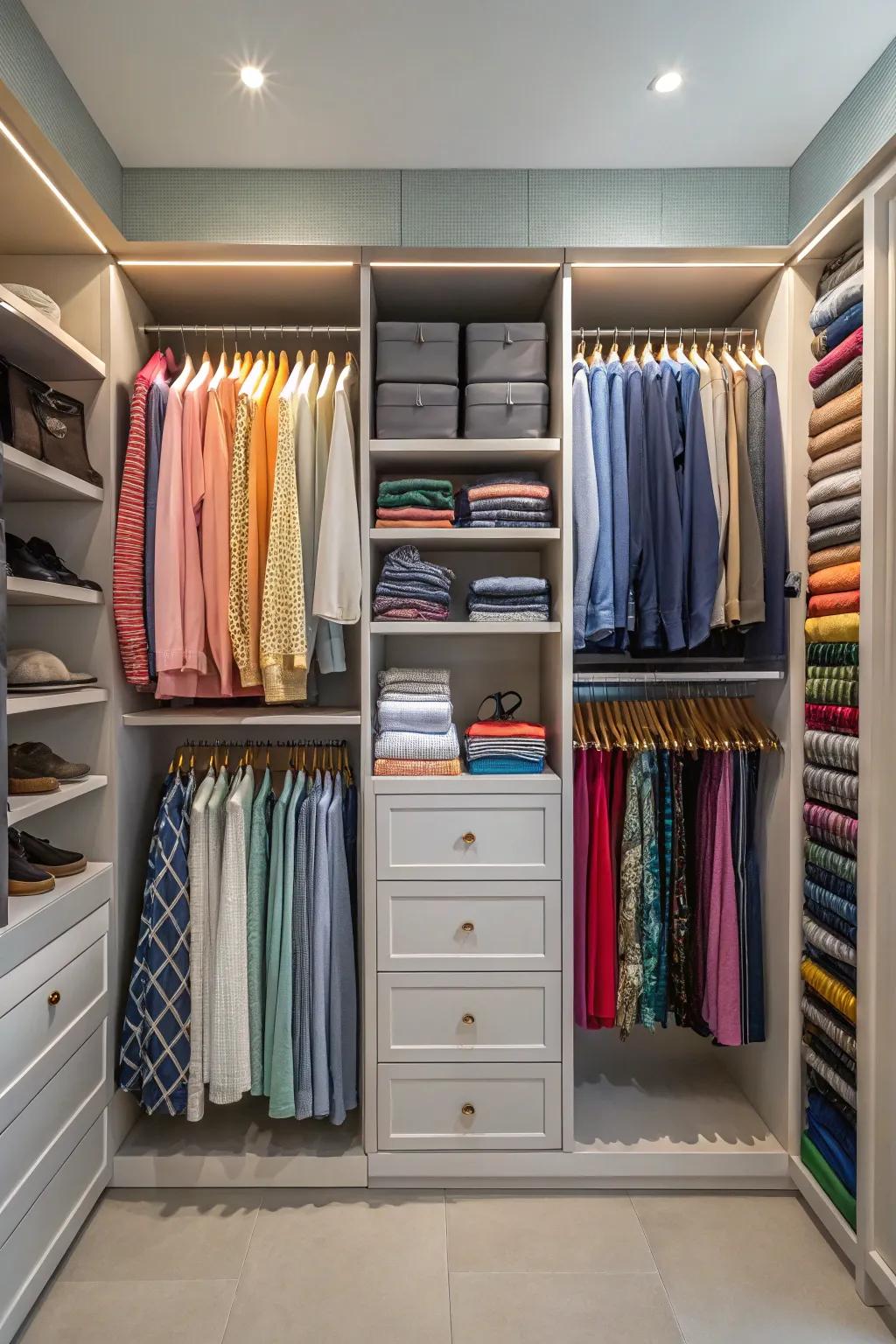 Harmonized colors contribute to a visually appealing closet.