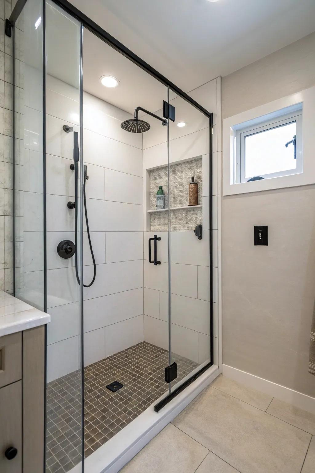 Modern fixtures add elegance and practicality to a small shower space.