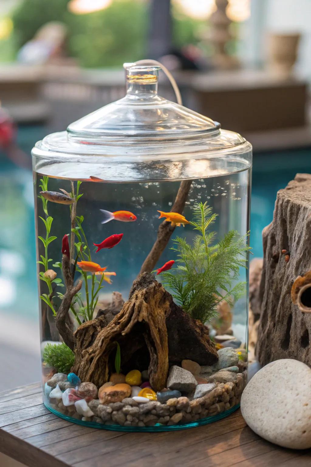 An artistic aquarium terrarium showcasing vibrant underwater elements.