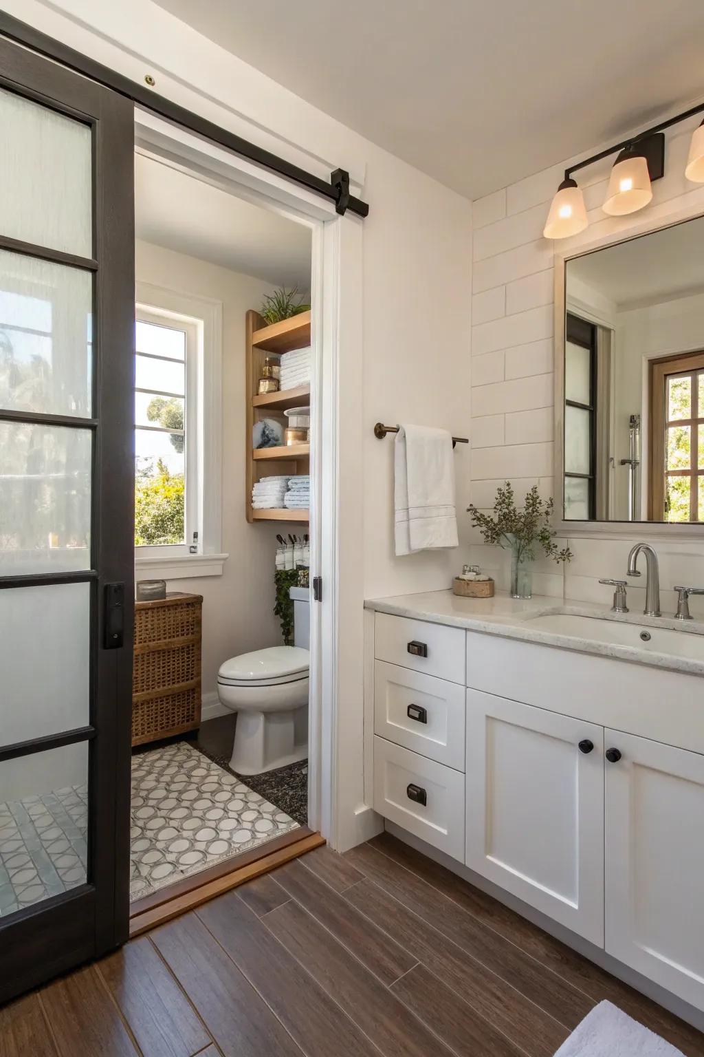 Pocket doors save space and improve the flow of small bathrooms.