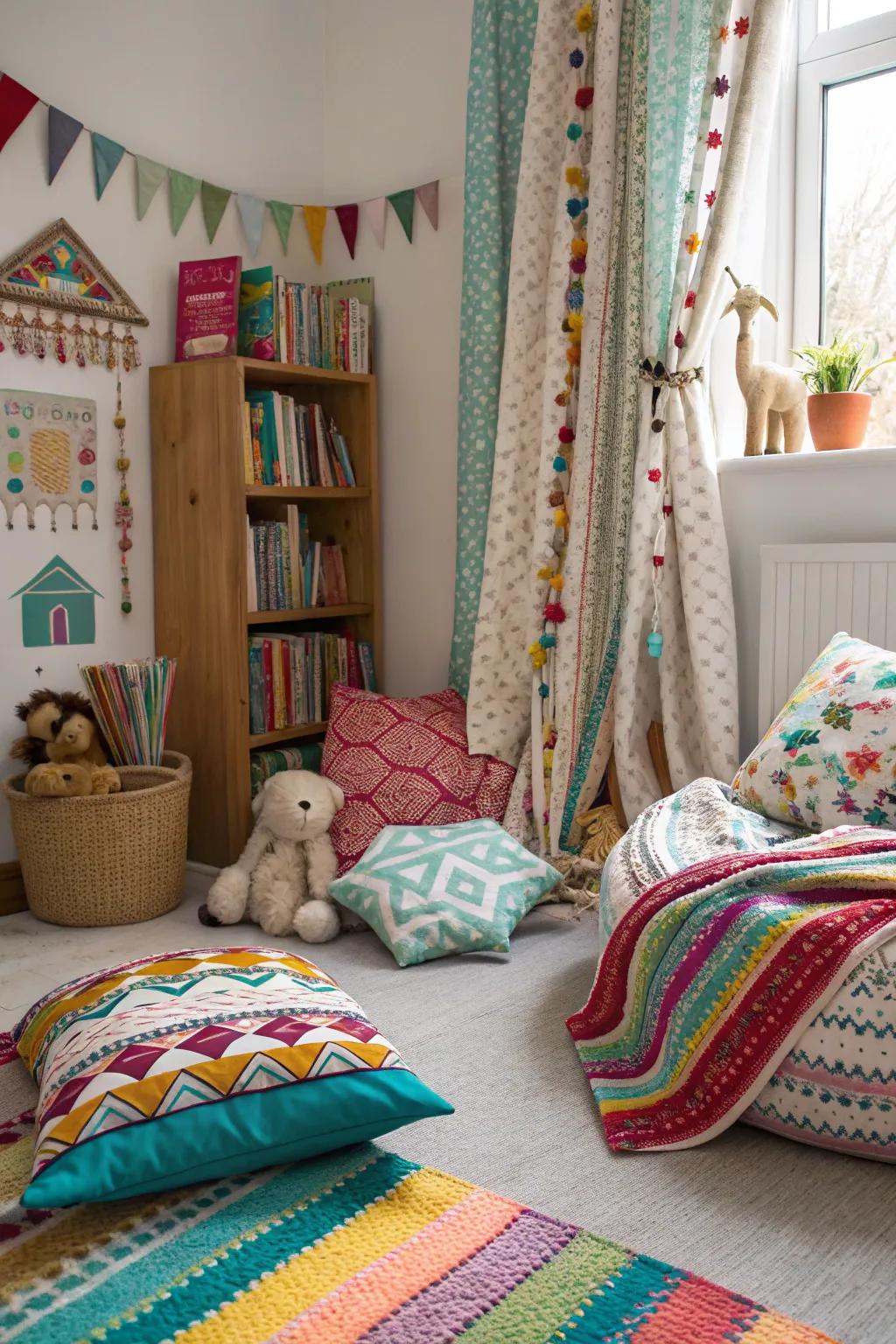 A bright bedroom that has a fun mix of designs and textures.