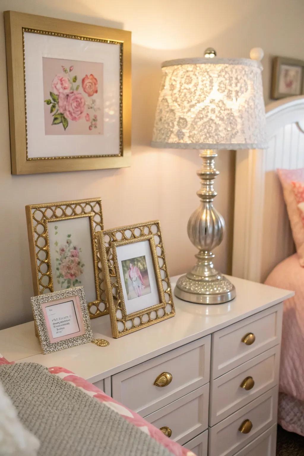 Shimmering accents add elegance and charm.