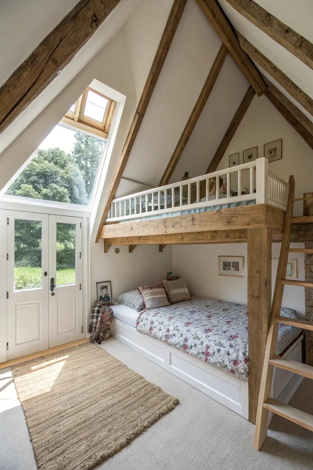 A raised sleeping platform optimizes floor space within your attic.