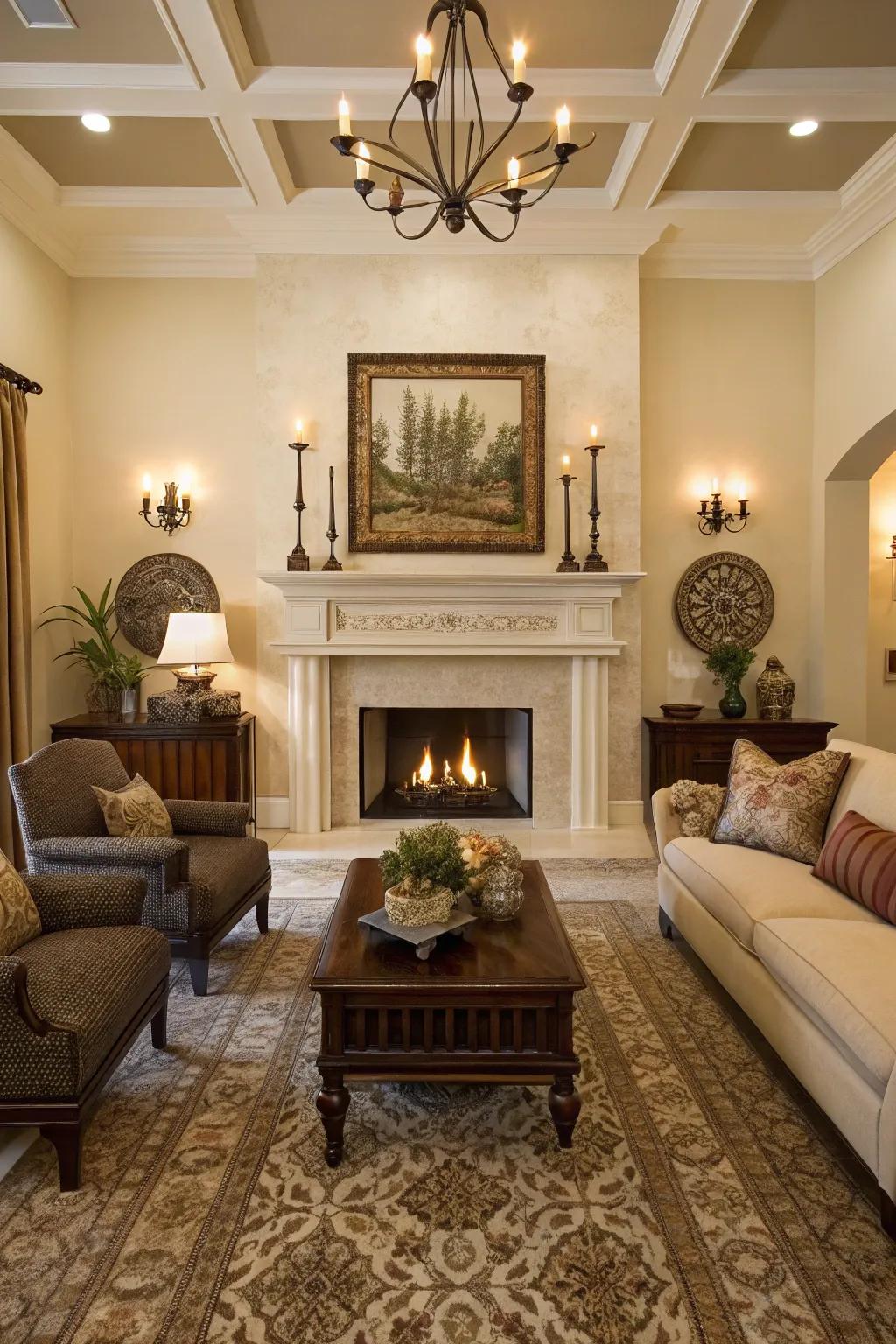Symmetry crafts a balanced and harmonious aesthetic above the fireplace.