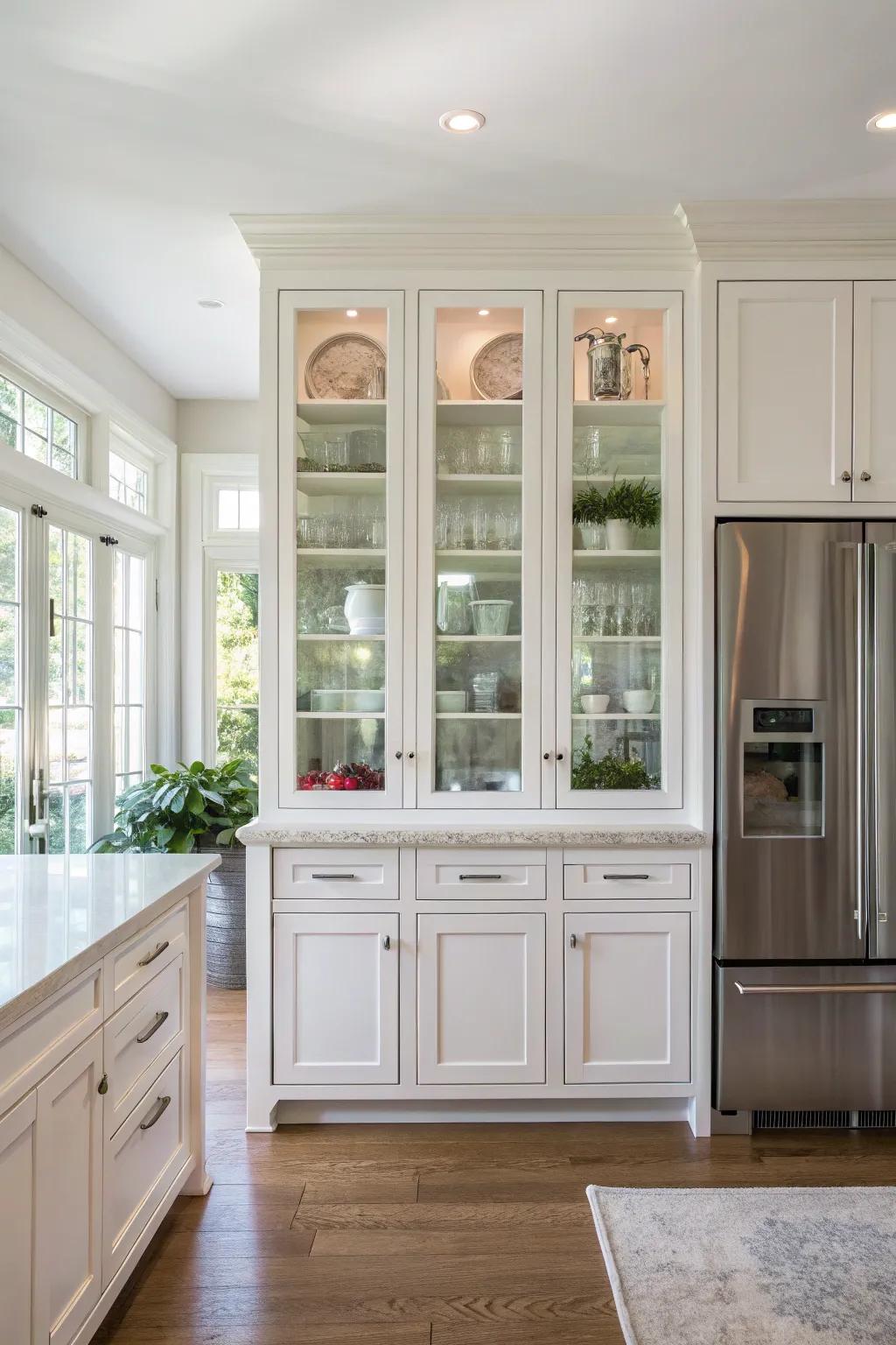 A touch of light and elegance is achieved with glass-fronted cabinets.