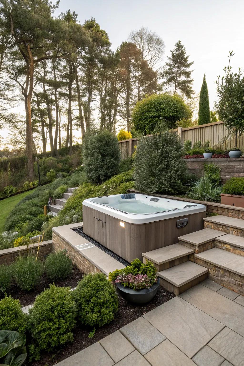 Multi-level landscaping injects depth and intrigue to your hot tub section.