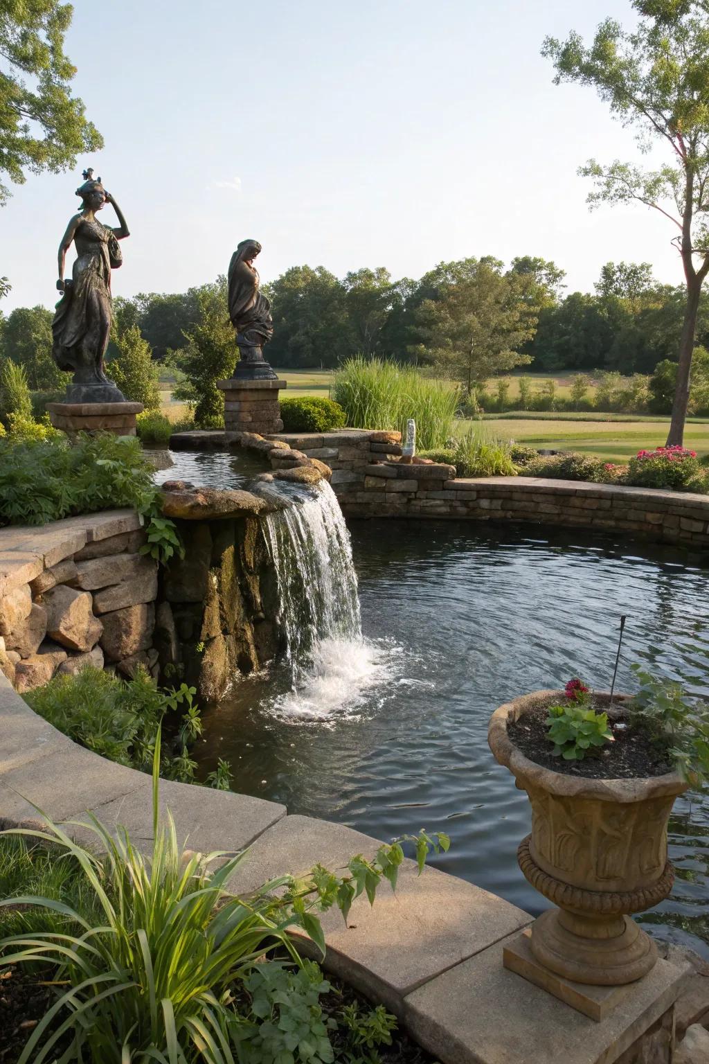 Playful statues add a personal touch to this elevated pond.