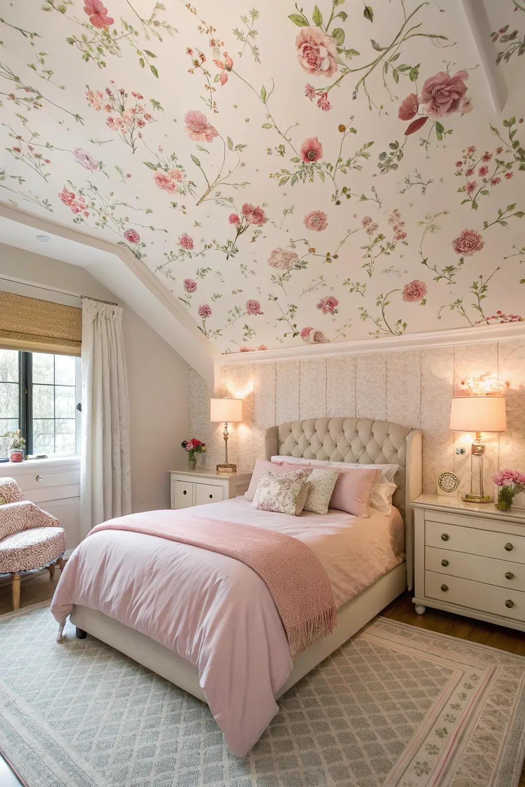 Floral wallpaper on the ceiling introduces a touch of quirkiness.