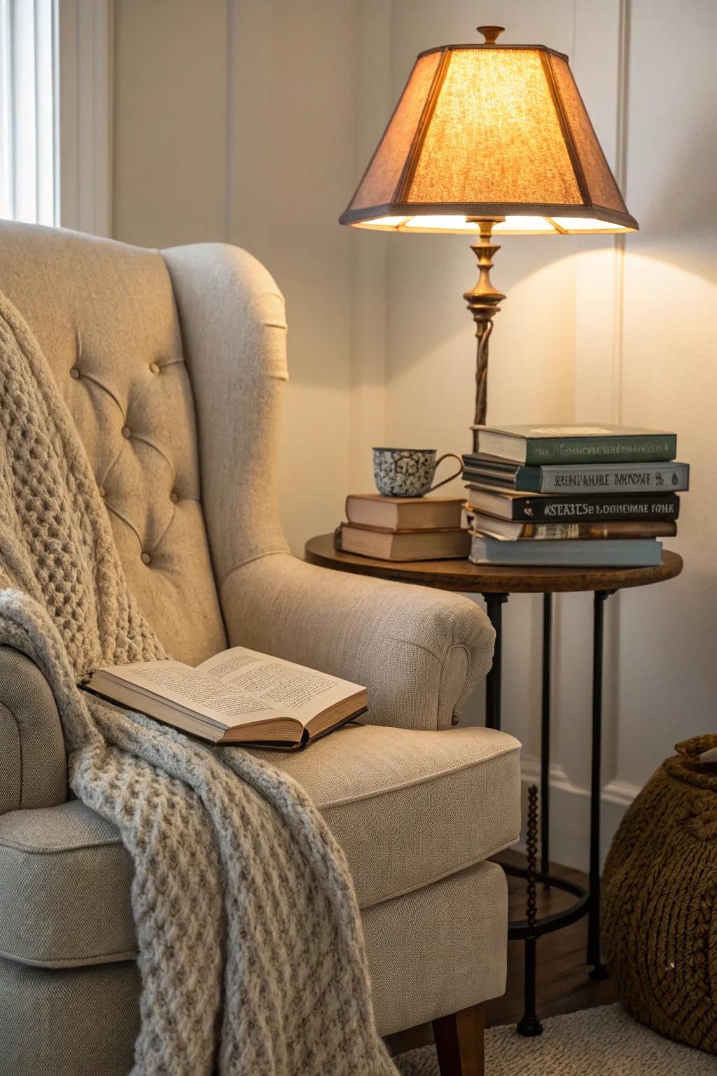 Gentle table lamps form inviting reading nooks.