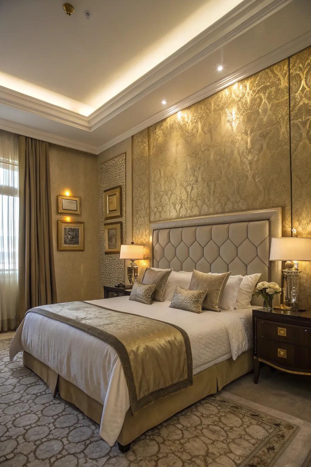 A metallic gilt feature wall adds a luxurious and reflective quality to the bedroom.