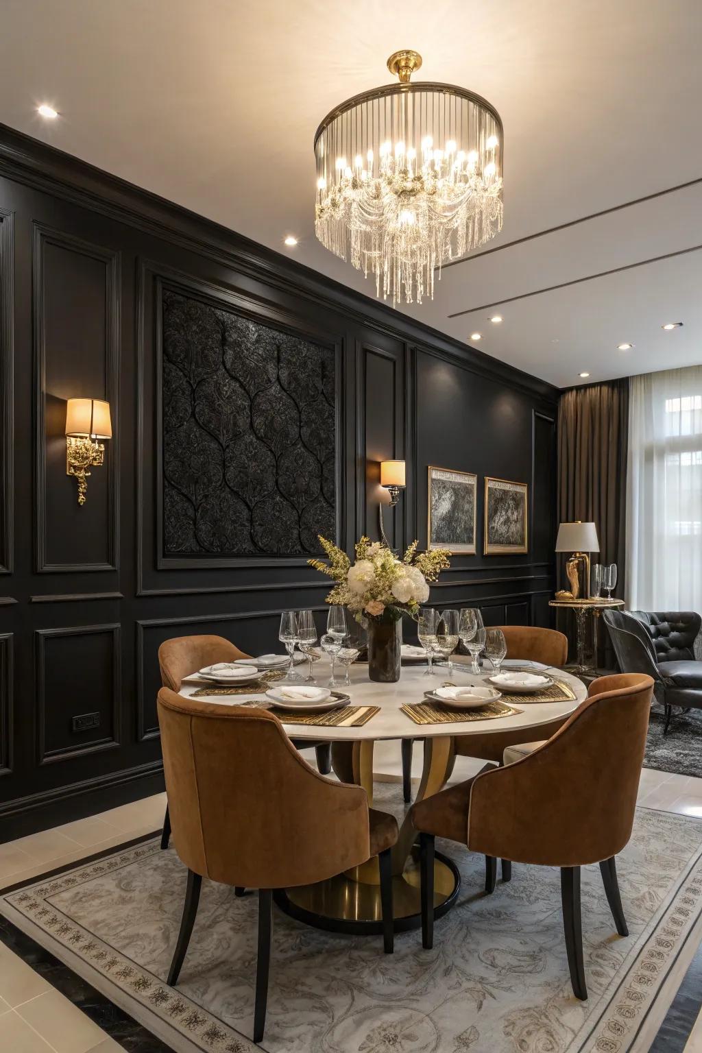 Dark accent walls cultivate a daring and refined expression.