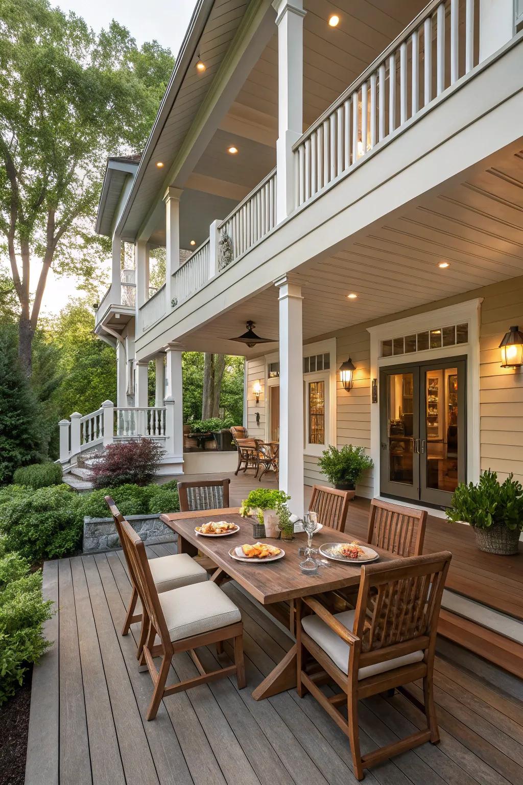 A dynamic multi-level porch offering versatile areas.