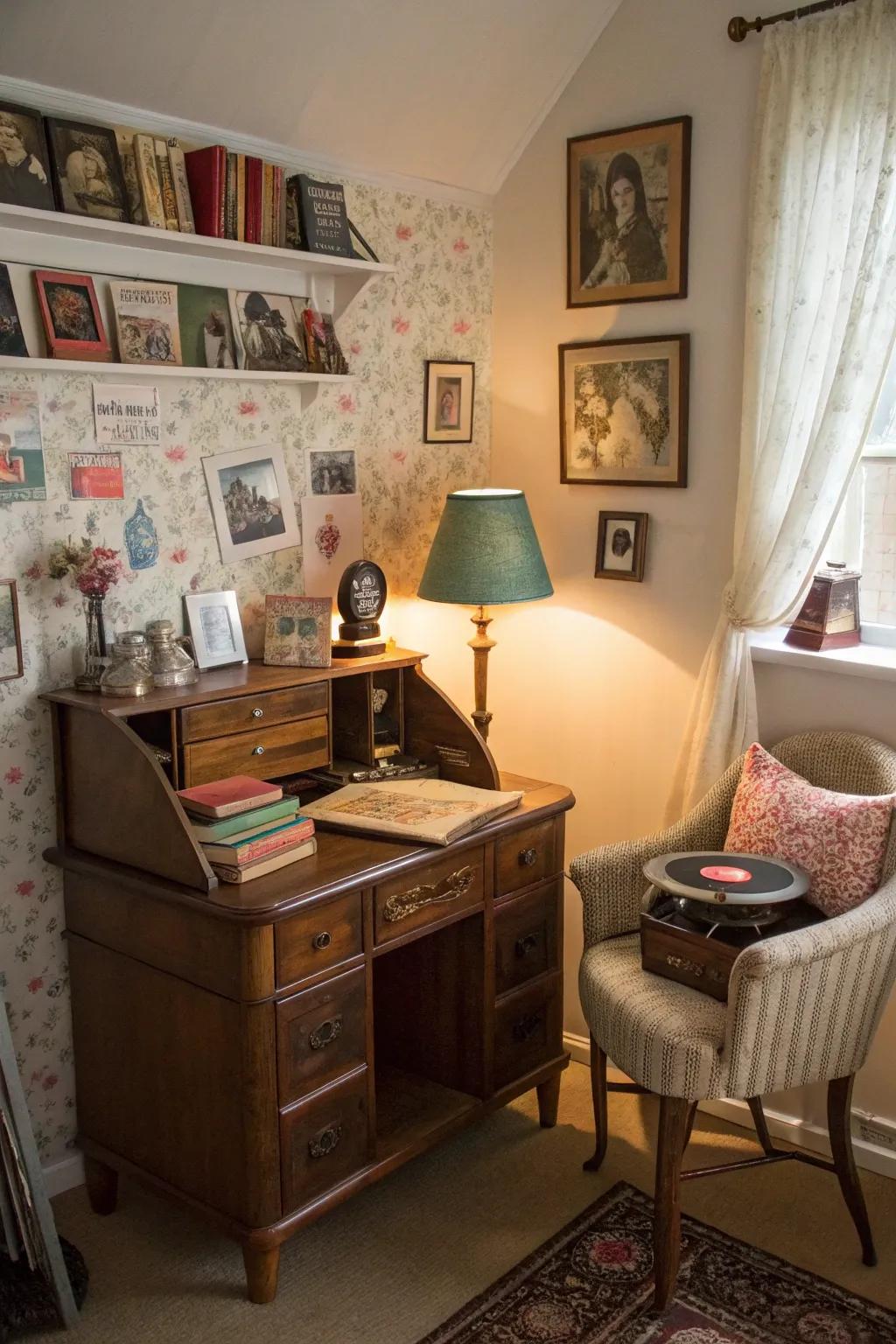 Vintage finds filling the room with character and past.